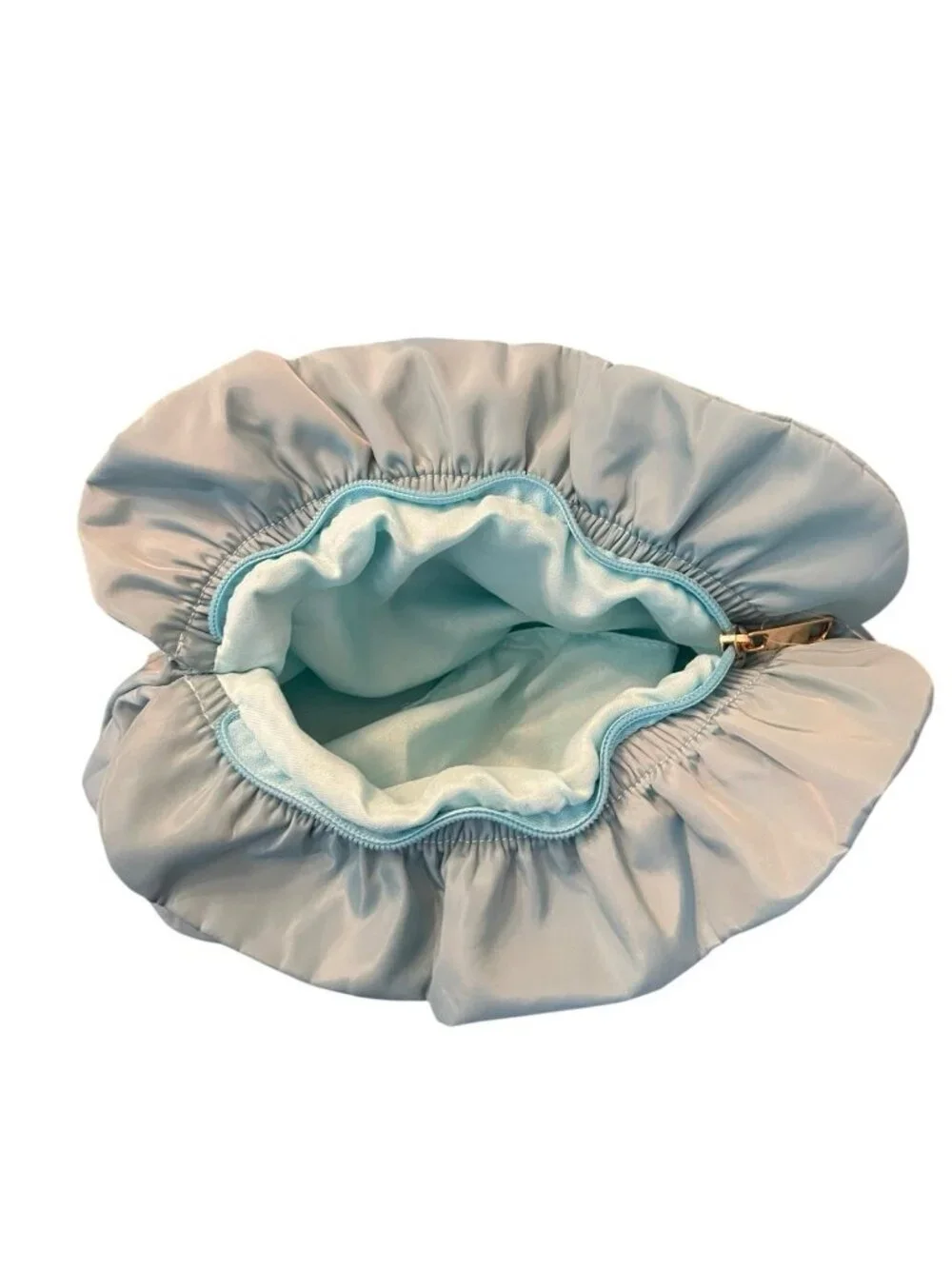 Turquoise Blue Satin Cosmetic Bag Makeup Purse Ruffle Bow Zips Soft Shell New
